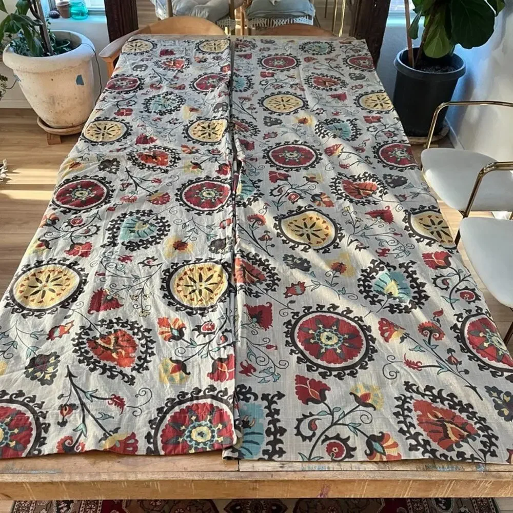 World Market Suzani Curtain Panels (2) 48in x 84in Floral Medallion 100% Cotton